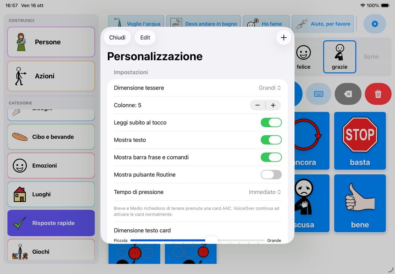 Schermata Personalizzazione di I Speak AAC: dimensione tessere, colonne, lettura al tocco, testo, barra frase, routine e dimensione del testo