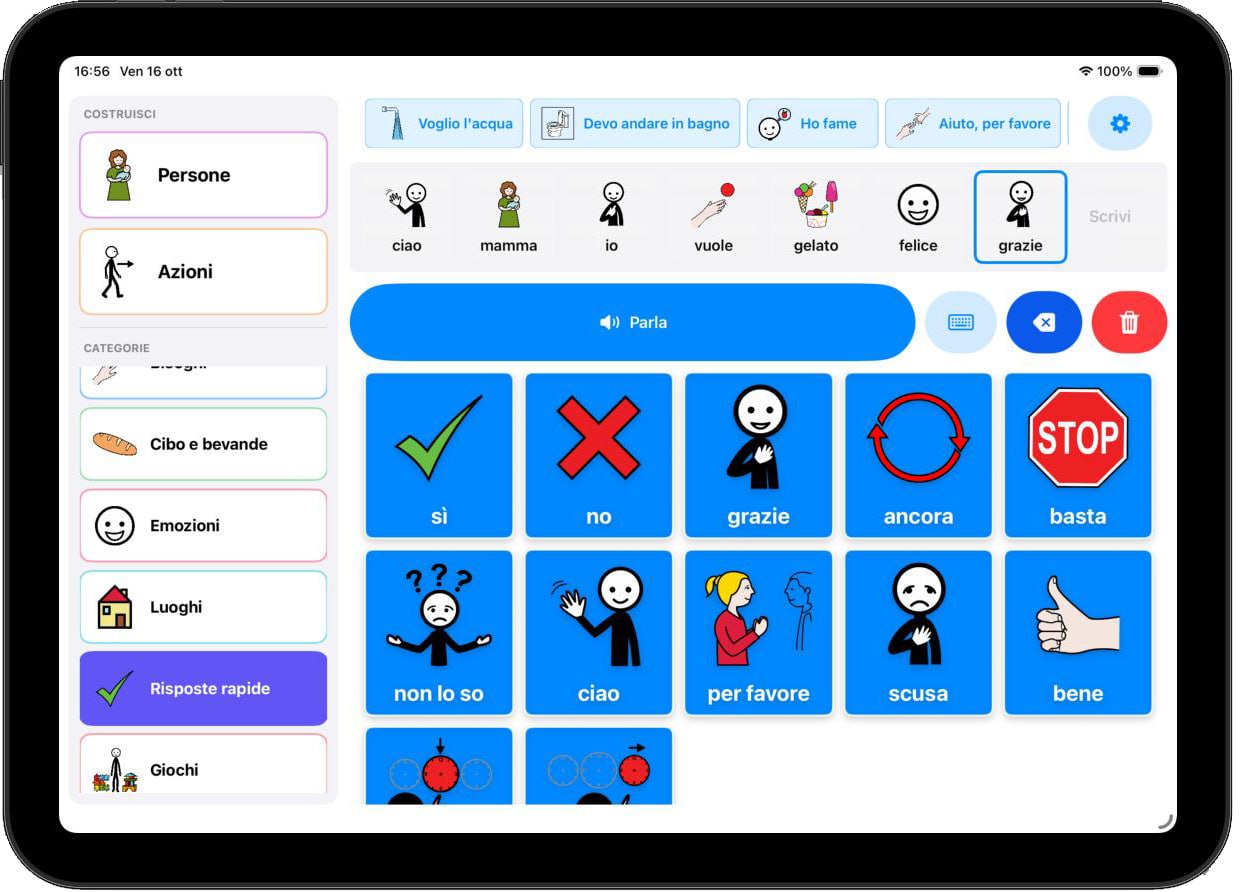 Schermata reale di I Speak AAC su iPad: categorie laterali, frasi veloci, barra della frase e simboli per comunicare