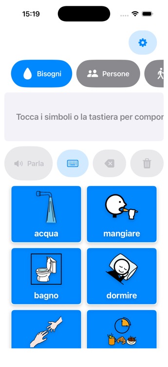 Schermata reale di I Speak AAC su iPhone con tessere comunicative per acqua, mangiare, bagno e dormire